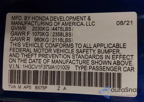 2021 Honda Accord Sport из США, поврежденный, VIN 1HGCV1F37MA101009